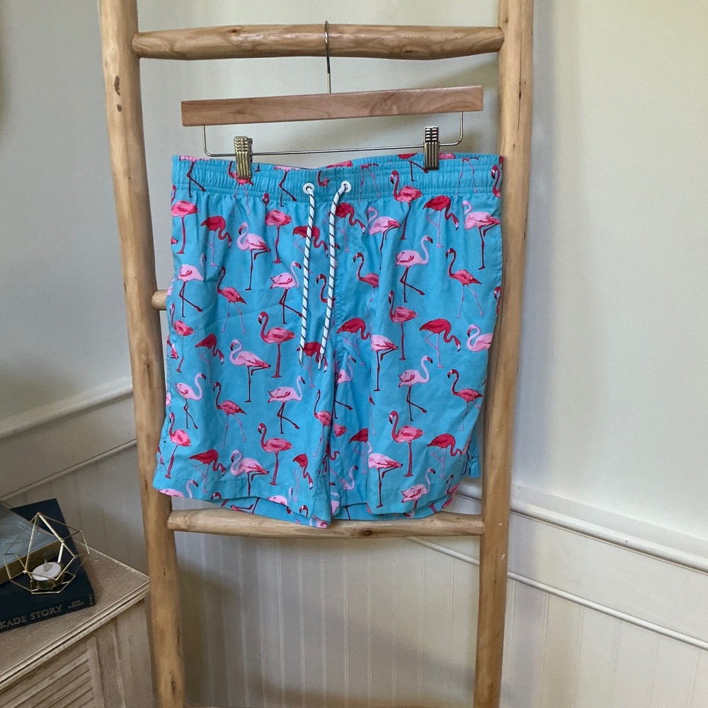 Maamgic Mens Blue Pink Flamingo Print Swim Trunks Mesh Lined Shorts Size M